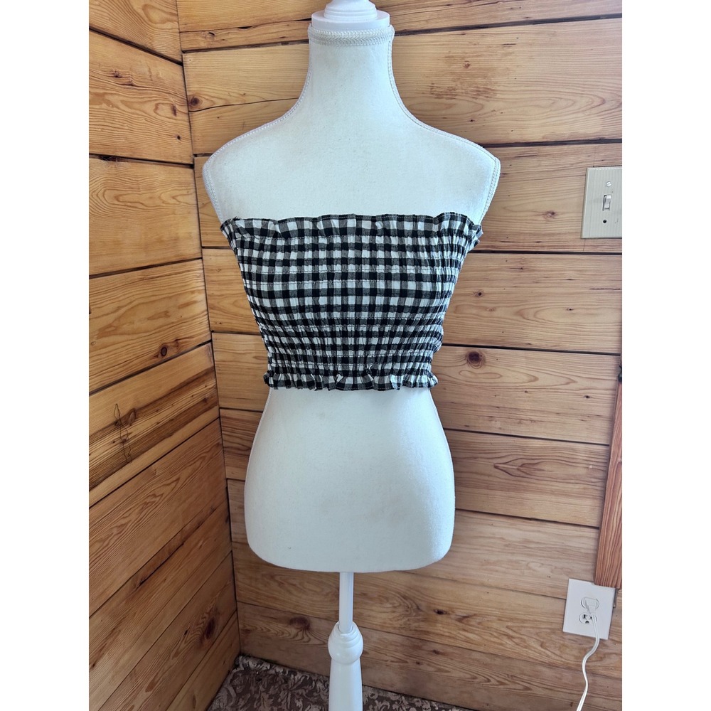 Black White‎ Gingham Smocked Tube Top Strapless Ruffle Crop Top Small